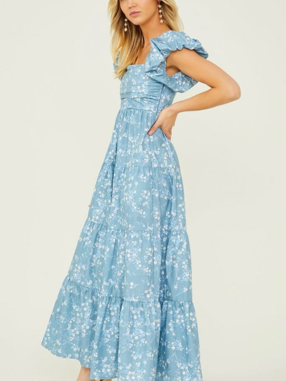 Altar'd State Rayanne Light Blue Floral Puff-Sleeve Maxi Dress